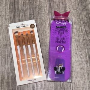 4-Piece Pro Eye Brush Set + Makeup Brush Cleaning Pad & Holder with Suction Cup